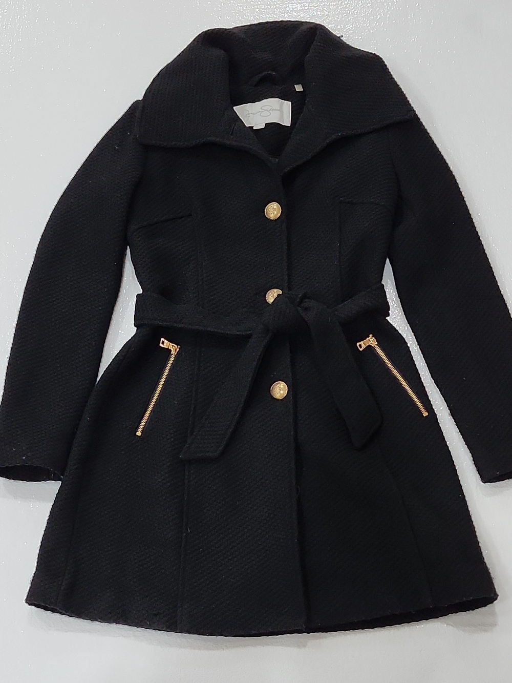 Jessica Simpson Black Wool Blend Fit & Flair Belted Coat Button Front Size XS